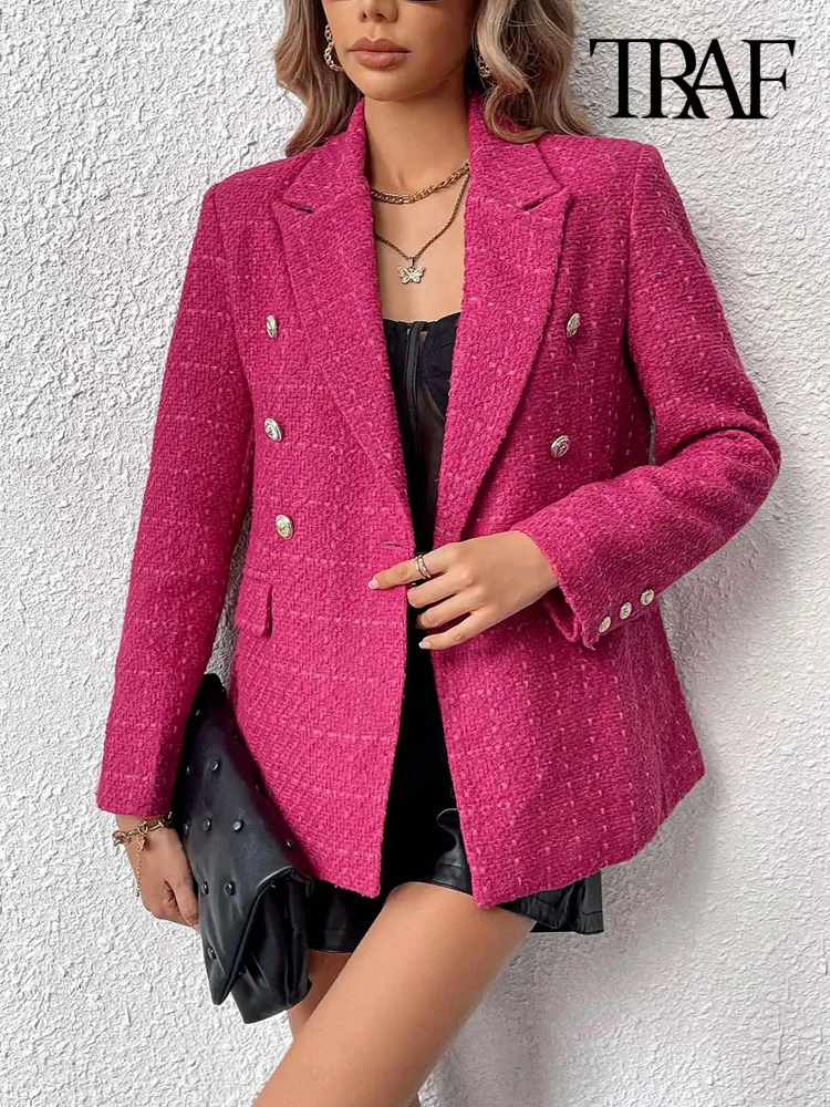 TRAF Women Fashion Double Breasted Tweed Blazer Coat Vintage Long Sleeve Flap Pockets Female Outerwear Chic Tops