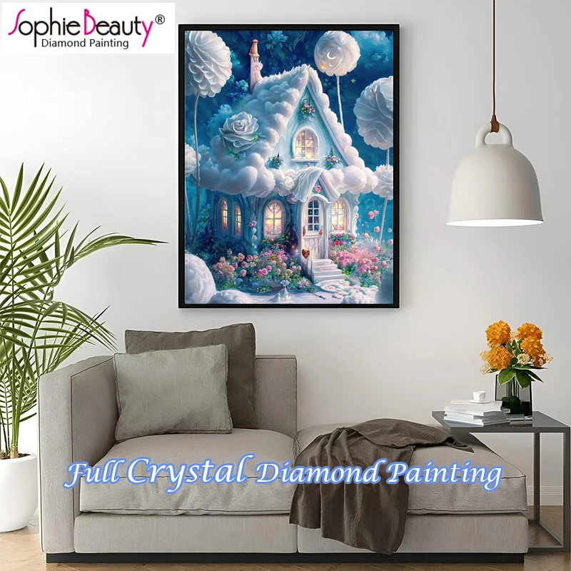 Sophie Beauty 100% Crystal Diamond Painting Shell Night Castle Fantasy Scenery Full Drill Diamond Art Kit Mushroom House Deco.