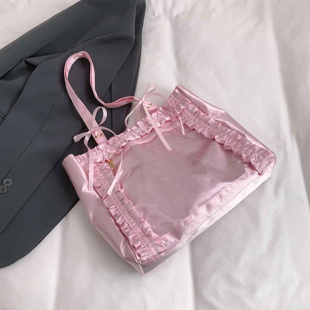 

All-match PVC Transparent Itabag Ruched JK Bow Tote Bag Ribbon Shoulder Bag Nylon Handbag Girls