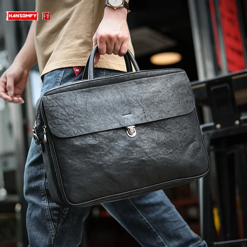 Soft Black Genuine Leather Men\'s Handbags Portable Briefcase High-Grade Business Casual File Bag Designer Commuter Computer Bags