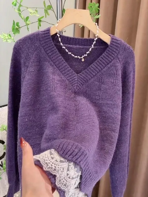 

Soft Lace Splice V-Ne Knitted Sweater Women's Purple Top Comfortable Loose Fit Long Sve Warm Autumn Winter New Sle