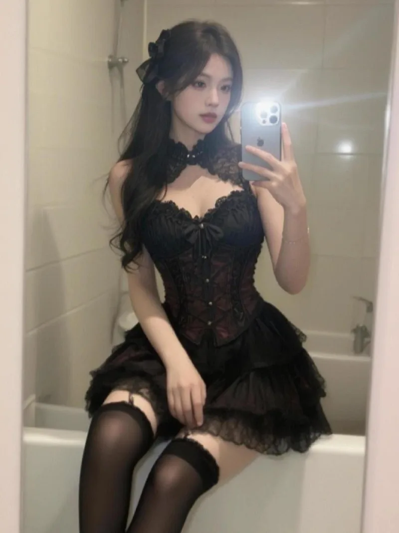 Darkly Serie Retro Kant Sexy Rok Sets Pittig Meisje Tops Splicing Slanke Gezwollen Half Body Rok Tweedelige Set Vrouwelijke Nieuwe Kleding