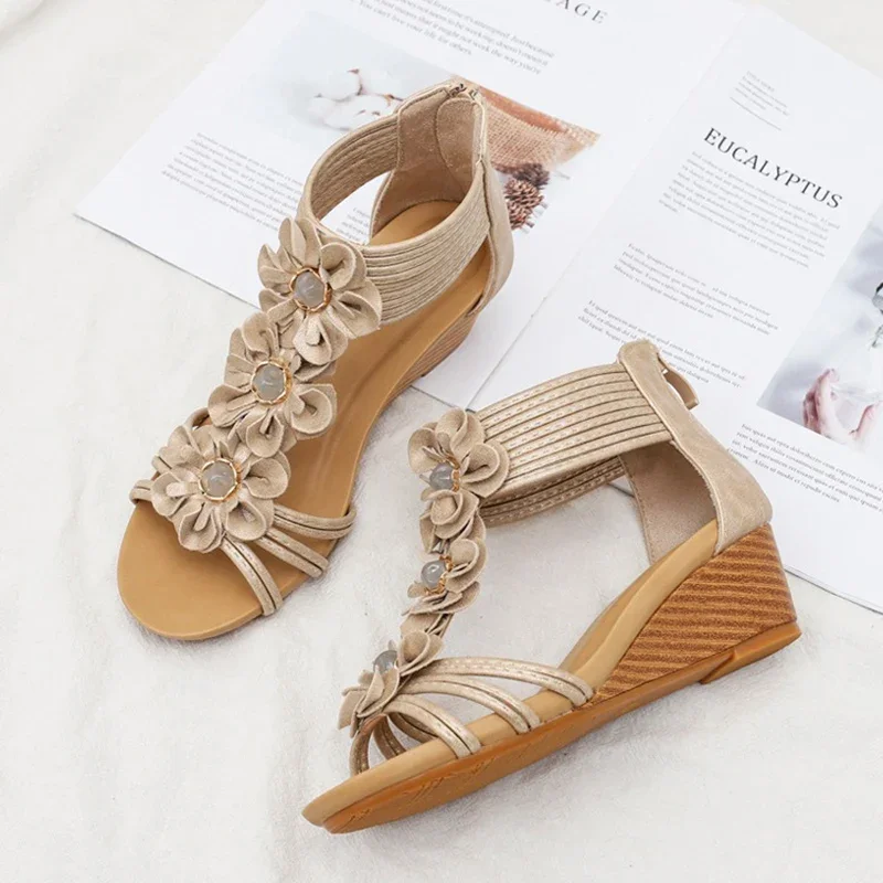 Summer Women 1.5cm Platform 5cm High Heels Casual Outside Sandals Lady Fashion Sweet Shoes Female Shiny Flower Bohemian Shoes