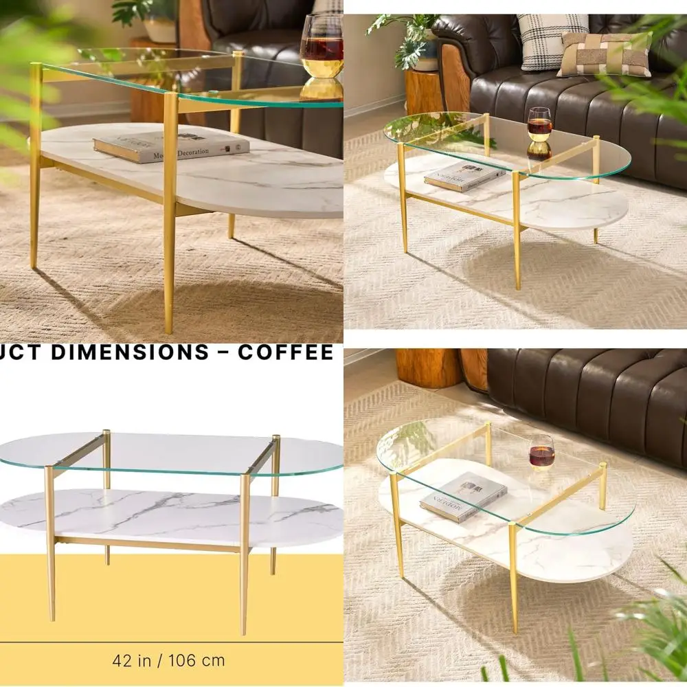 

Modern 2-Tier Capsule Coffee Table with Clear Glass, White Marble Shelf, Gold Legs, 42 for Living Room