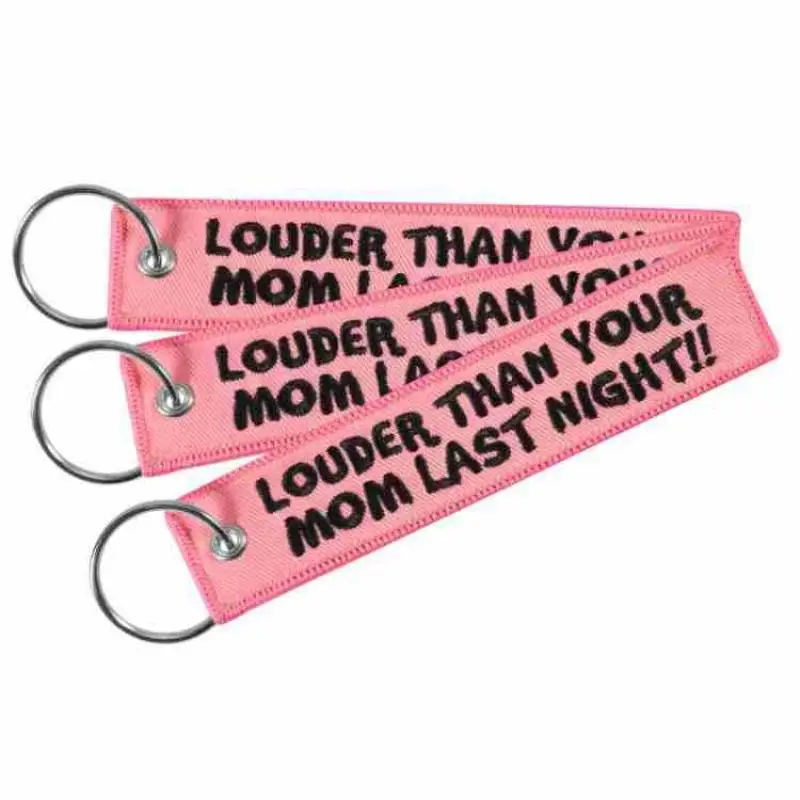 ●LOUDER THAN YOUR MOM Quotes Keychain For Cars Backpack Key Holders Embroidery Keyrings Key Tag Jet Tag Accessories Gifts