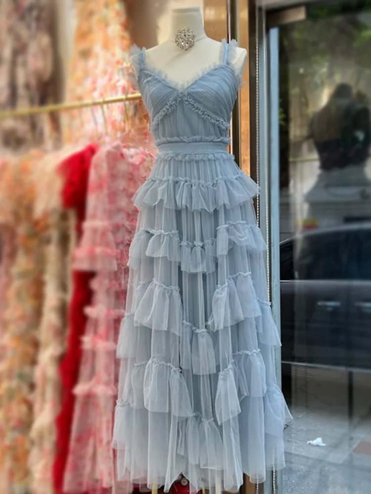 Dfdg feminino 2025 luxo decote em v malha em camadas vestido de noite designer querida vestido primavera verão praia festa vestido de casamento