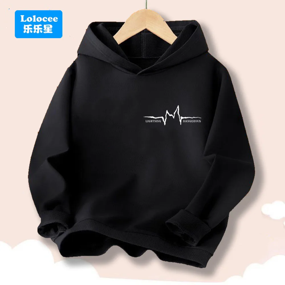 Schwarzer Kapuzenpullover für Jungen mit Lightning Pulse-Aufdruck – lässiges, cooles Langarm-Pullover-Sweatshirt für Kinder, modische Streetwear SDCK1