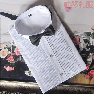 White pleated striped long-sleeved slim bow tie shirt birthday party stage show costume dress wedding shirt Camisas Masculina