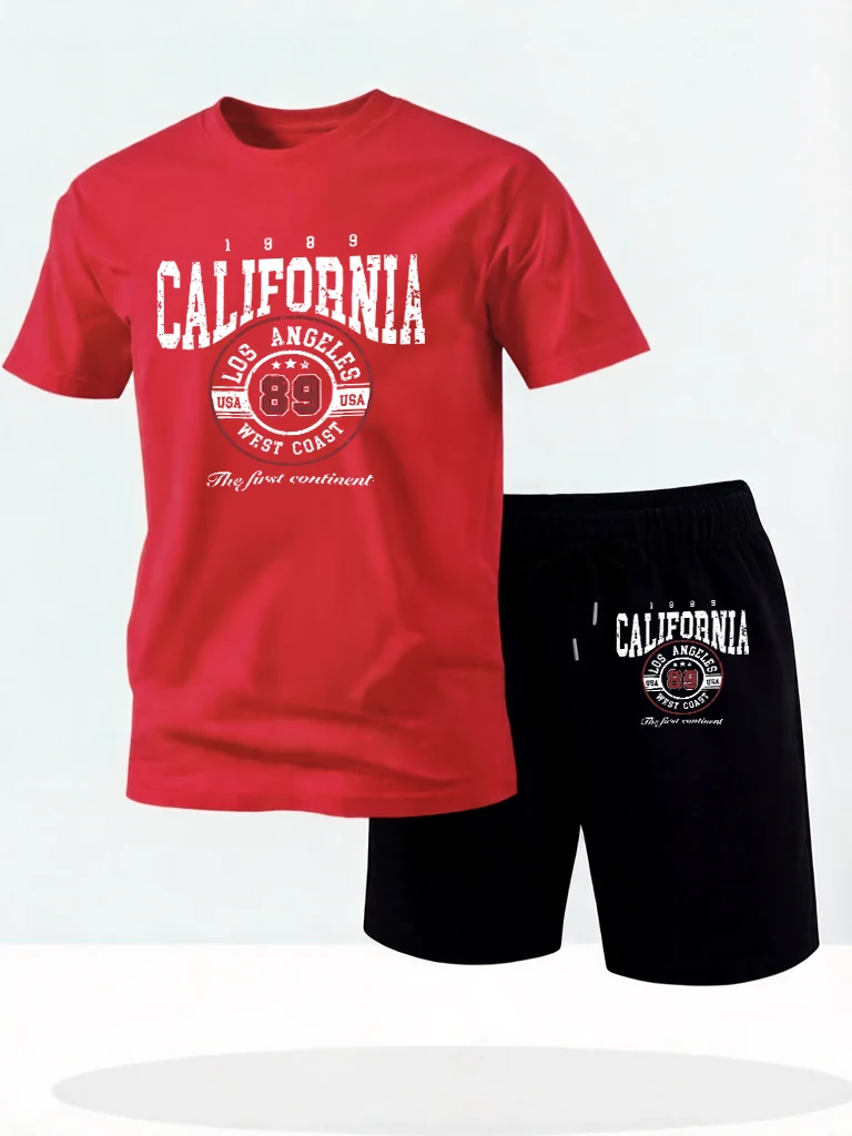 

California Los Angeles Letter Design Cotton Running Short Sleeve Male Suits Basics O-Neck Streetwear Casual Summer Tees & Shorts