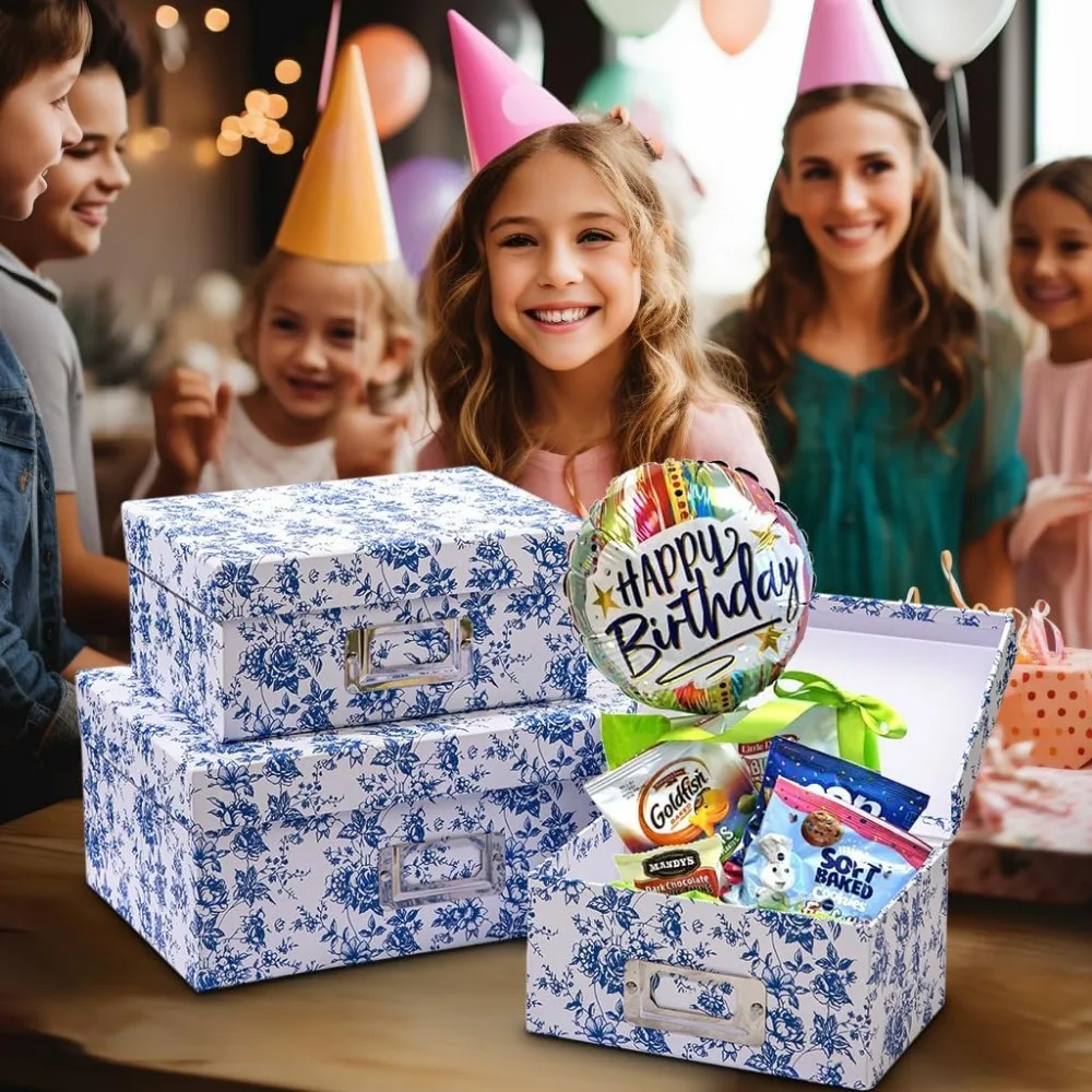 صناديق تخزين الصور من البورسلين باللونين الأزرق والأبيض العتيق، مجموعة ديكور مكونة من 4 قطع مقاومة للماء مع أغطية، مجموعة صندوق هدايا مثالية