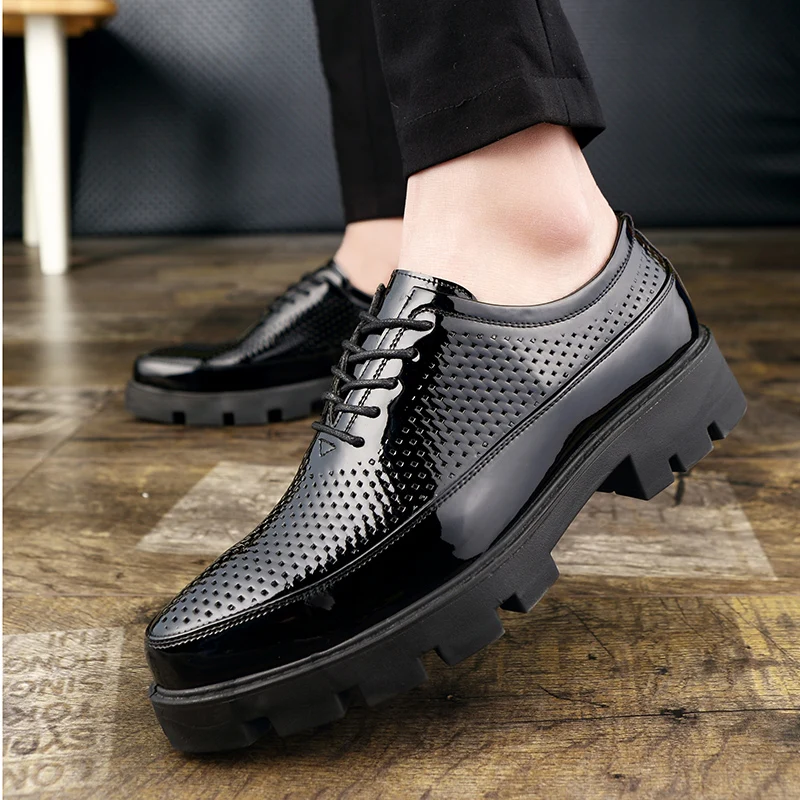 Black shoes for Men Patent Leather Round Toe lace up Spring/Autumn Handmade Men Dress business men wedding party Shoes