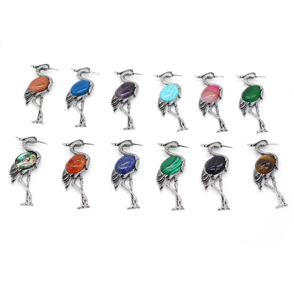 

Natural Stone Brooches Lapis Lazuli Crane Pin Pendants for Women Weddings Banquet Party Brooches Pins Gifts Size 30x80mm