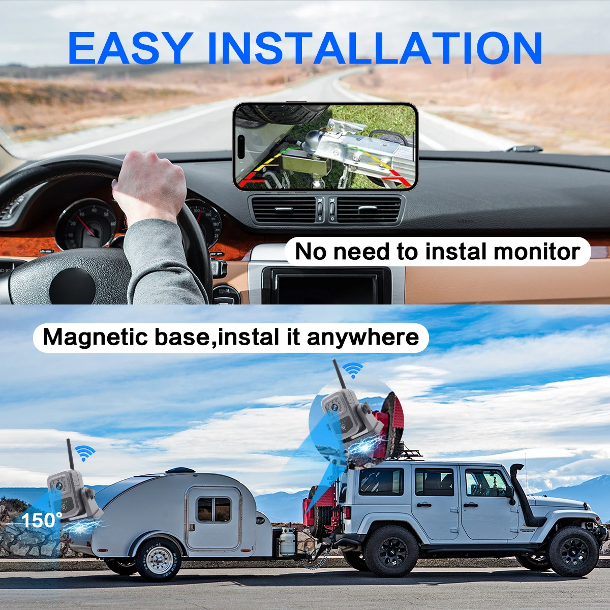 Magnetic Wireless Backup Camera Built in Battery for Mobile Wifi App IP68 Support 1080P Reverse Camera for Car Truck Van RV