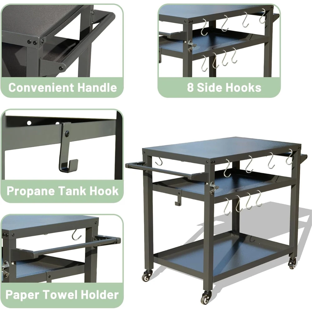 Carrello per barbecue a 3 ripiani con ruote Tavolo da campeggio antiruggine Supporto per piastra in pietra nera con ganci Multifunzione per cucinare all'aperto