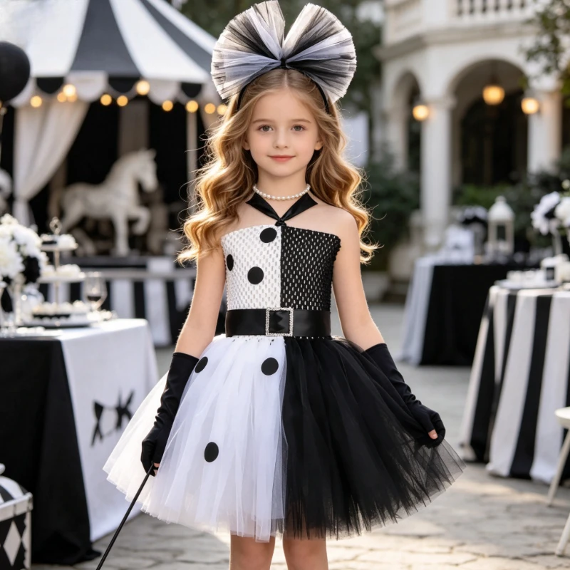 Halter Magician Themed Tutu Gown Contrast Color Polka Dot Tulle Skirt, Feather Headband Long Satin Gloves Magic Wand for Party