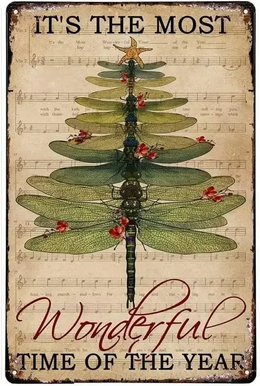 Christmas Tree Dragonfly Metal Tin Sign Its The Most Wonderful Time Of The Year Art Poster People Cave Coffee Shop Club Garage H
