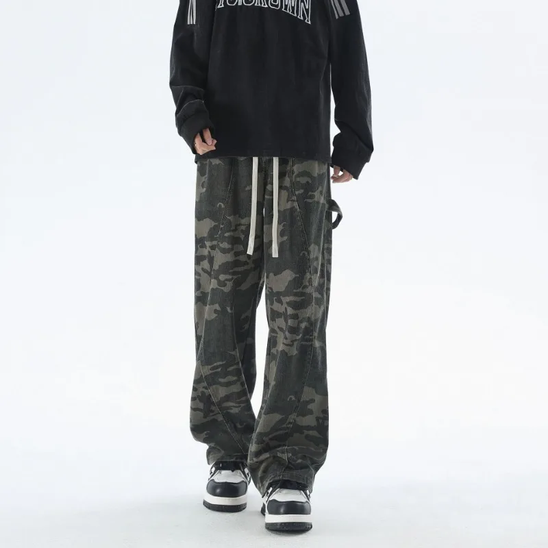 

Men's Early Autumn New Camouflage Overalls Men's American Trend Stitching Drawstring Elastic Waist Straight Trousers