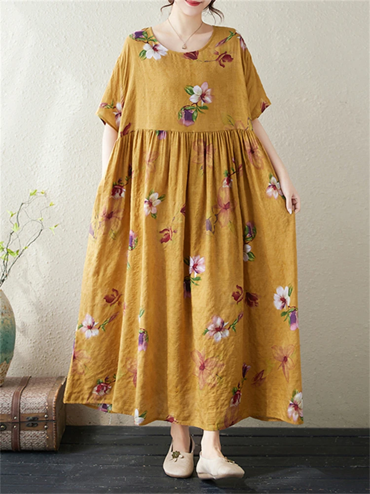 2024 New Summer Cotton Vintage Short Sleeve Print Dresses For Women Casual Loose Long Dress Femme Robe Vestidos Fashion Clothing