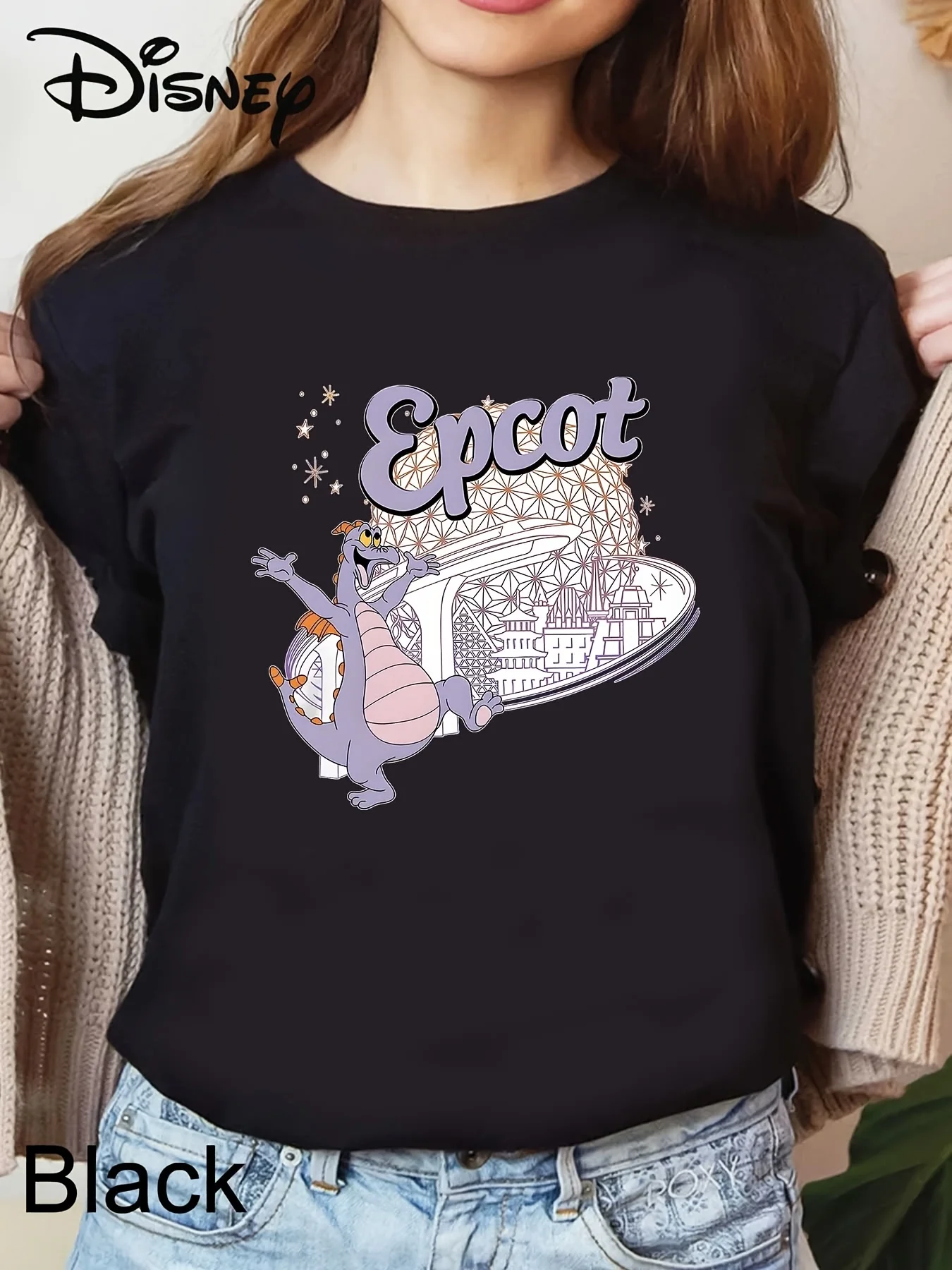 Disney Dragon 2025 vakantie dames T-shirt - puur, ronde hals, korte mouw, cartoon afbeelding, casual stijl voor sportschool