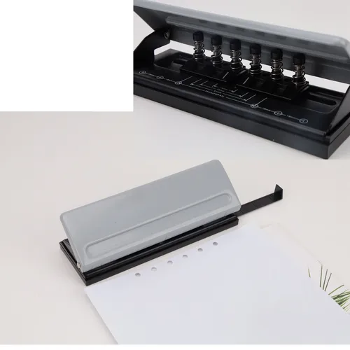 Imagen 1 del producto Perforadora ajustable de 6 agujeros con marca de posicionamiento, perforadora de papel diaria negra y rosa para A5 para A4 / A5 / A6 / Personal / Tamaño de bolsillo