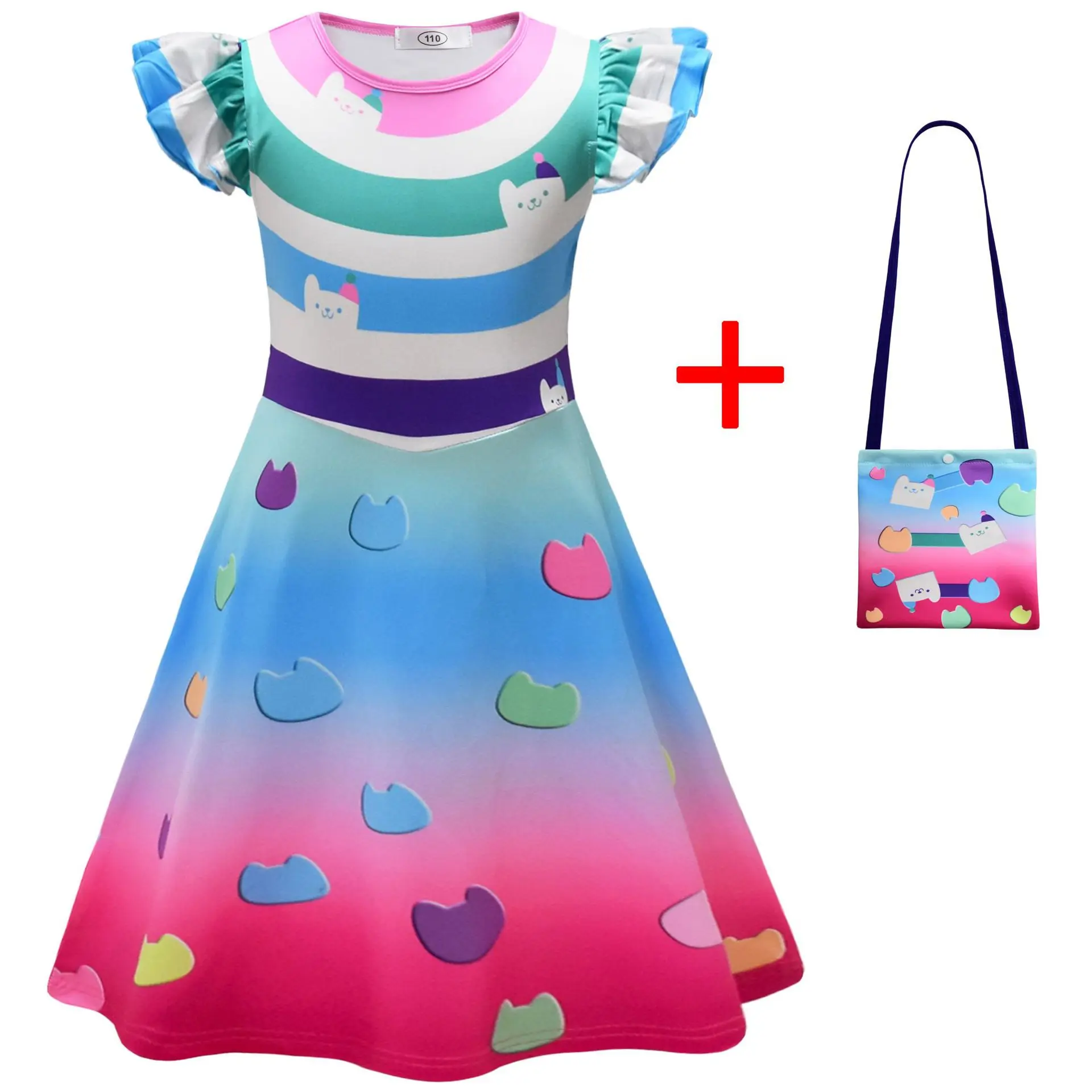 

Cat Dollhouse Costumes Girls Printed Striped Princess Dress For Children Halloween Birthday Party Carnival Dress Up Outfits