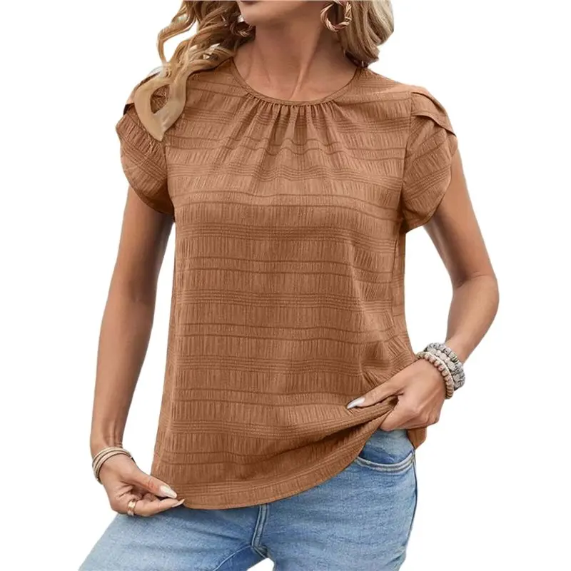 

CYL-Women's Tops Short Petal Sleeve Round Neck Loose Shirts Dressy Pleated Textured Blouse