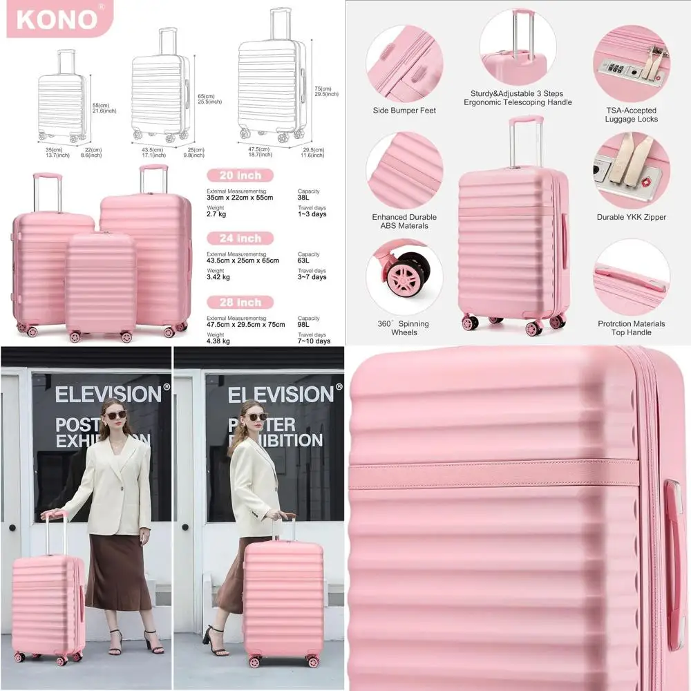 

24-розовый расширяемый чемодан-спиннер среднего размера с замком TSA, материал ABS + ПК для легких путешествий