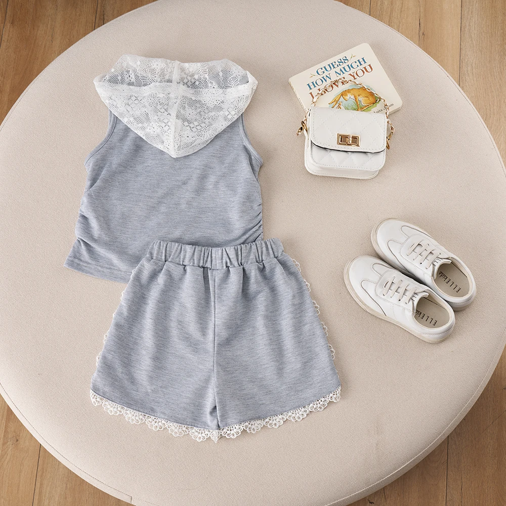 Summer 2Pcs Girls Clothes Sets Lace Hat Hooded Sleeveless Vest + Lace Shorts Casual Girls Boutique Outfits