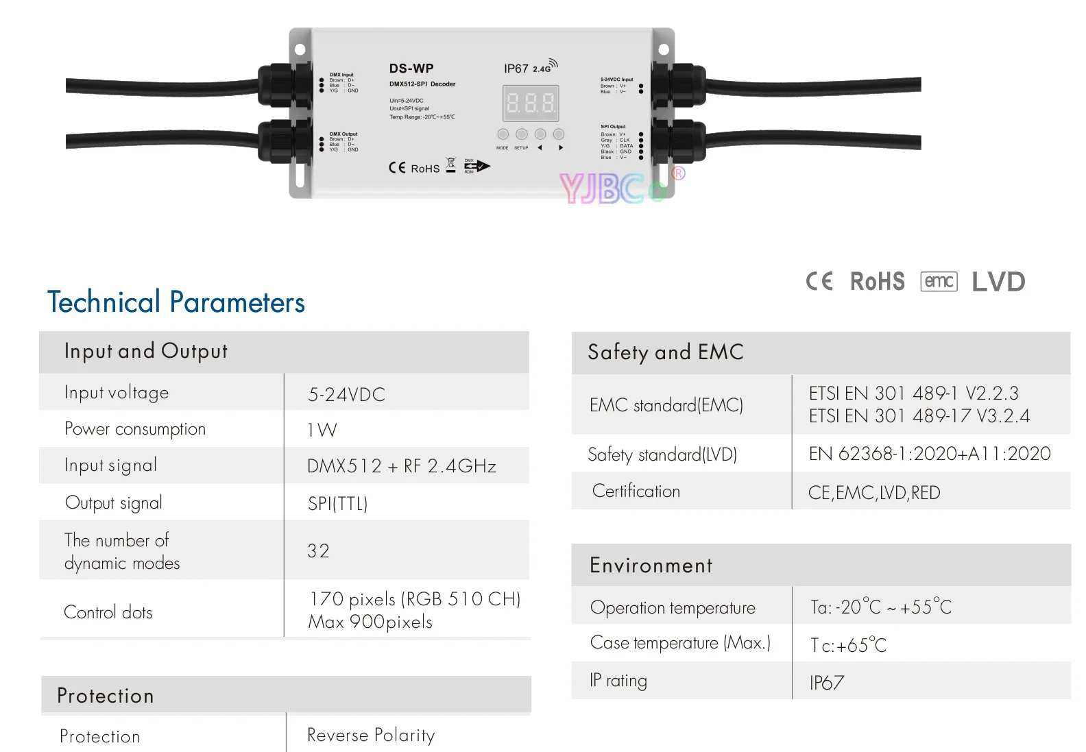 Décodeur éventuelles I DMXorgto étanche IP67, contrôleur RF, compatible avec IC numérique WS2811, WS2812, WS2813, WS2815, bande LED 5-24VDC