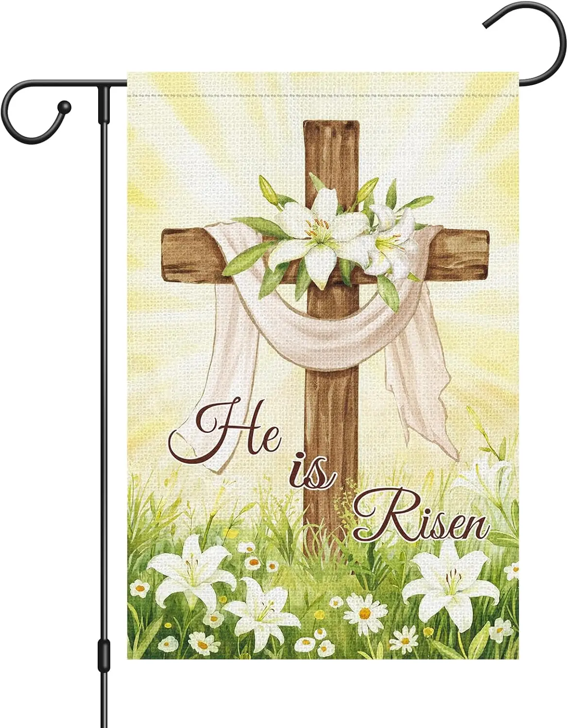 He is Risen Easter Garden Flag 12 x 18 Inch Double Sided Burlap, Spring Easter Religious Cross Floral Lily Yard Outdoor Flag GGO