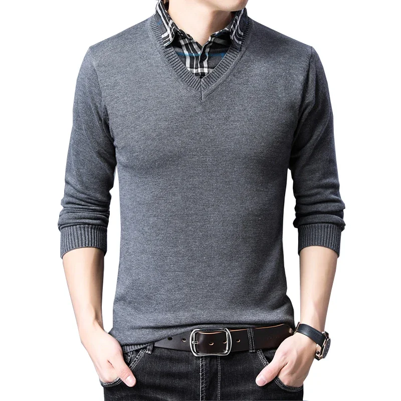 

Slim Sweater Mens Knitwear Autumn Wear Fashion Sweater Men's Fake Two-piece Turtleneck Shirt Collar Clothes M-3XL