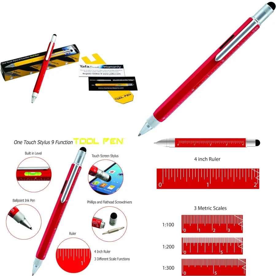 قلم حبر جاف أداة 9 في 1 من Monteverde USA باللون الأحمر متعدد الوظائف مع مستوى مفكات براغي ومسطرة مثالية للمهندس #1