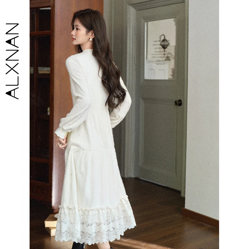 ALXNAN Lange Kleider, gestrickter Stoff, lange Ärmel, ausgehöhlte Spitze, Spleißen, weiche Eleganz, vielseitige Herbst-A-Linien-Kleider L57927