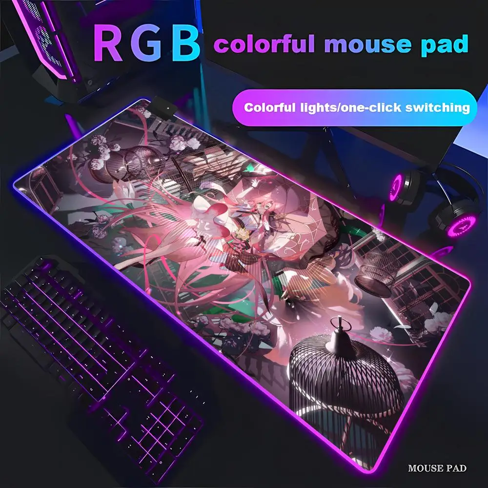 

HYBXAXC Pink Fox Anime Girl with Mouse Pad Victorian Gothic Desk Decor RGB Gaming HD Gamer Large LED Light PC Computer Non-slip