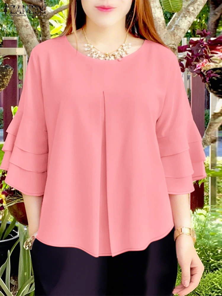 

2025 ZANZEA Summer Blouses Office Women Shirt Elegant 3/4 Sleeve Solid Work OL Tunic Tops Casual O Neck Pleated Blusas Oversize