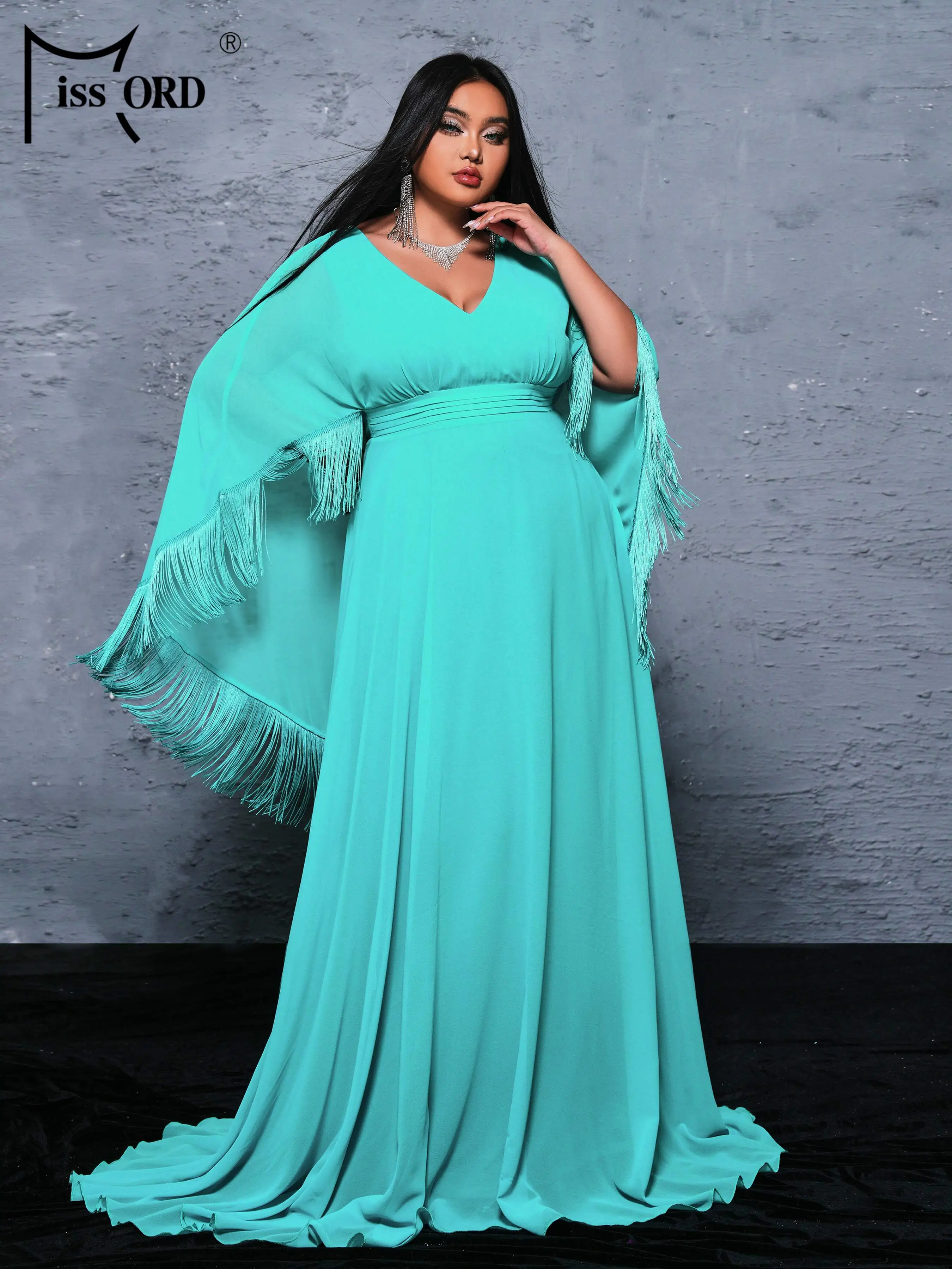 

Missord Plus Size Prom Dress V Neck Bat Sleeve A Line Evening Green Floor Length Church Dress