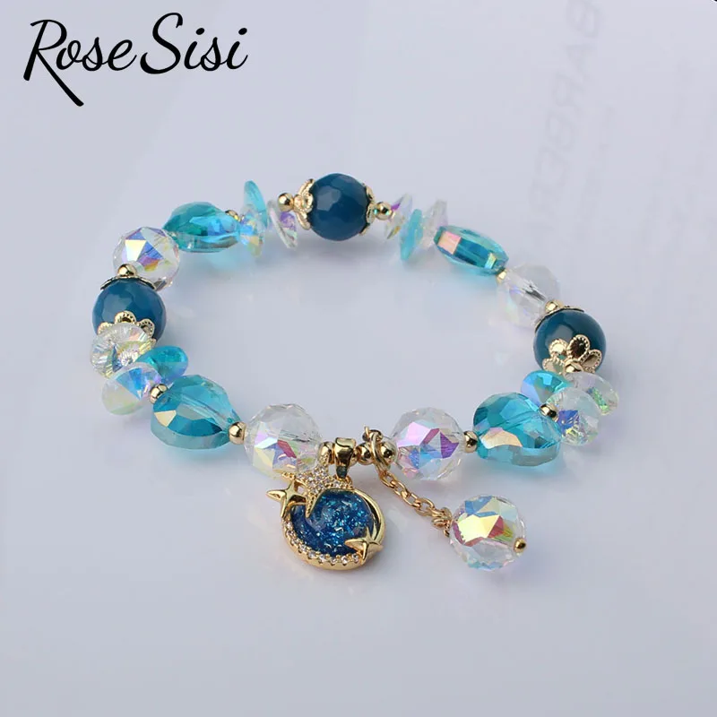 Rose sisi Korean version of fresh ocean wind blue crystal bracelet for women faceted beads dolphin heart-shaped pendant jewelry