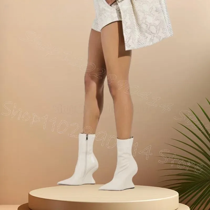 Stivali a metà polpaccio in pelle opaca con tacco stile strano bianco Cerniera laterale Scarpe da donna Punta a punta Festa del partito 2025 Zapatos Para Mujere