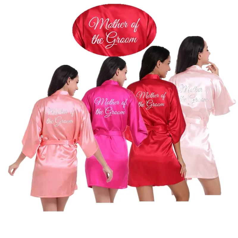 Wholesale Mother of the groom Silver Glitter Women Satin Kimono Robes For Wedding Party Short  Bath Sleepwear Bathrobes T144