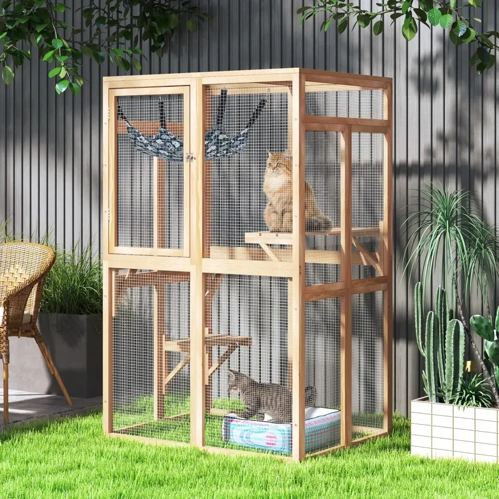 

Catio Outdoor Cat Enclosure Window Access, Wooden Cat House Shelter, Kitty Cage with Hammock for Patio Indoor (Wood)