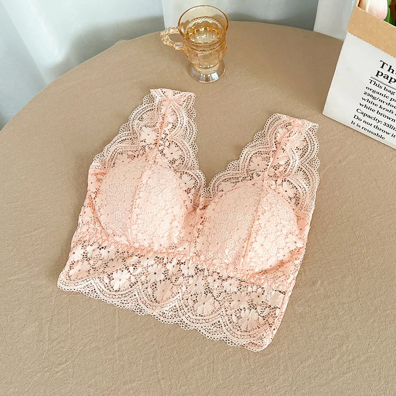 Spitzen-BH-Top mit tiefem V-Ausschnitt, Damen-Bralette, kurzer Spitzen-Tank-BH, sexy Dessous, bügellose Unterwäsche, gepolsterter Cropped-Camisole-BH – Detail 8