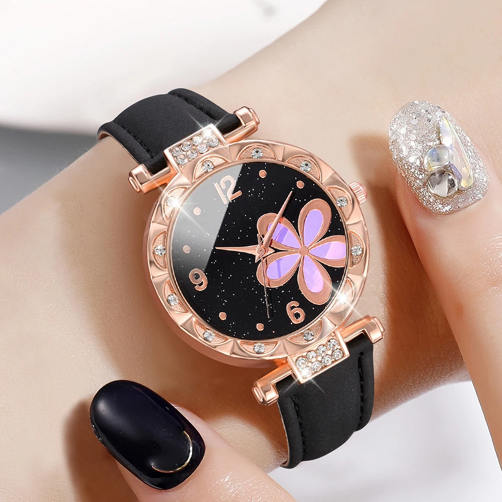 Simple Luxury Flower Element Leather Black Strap Watch Casual Fashion Quartz Watch Is The Perfect Gift For Her (No Box)