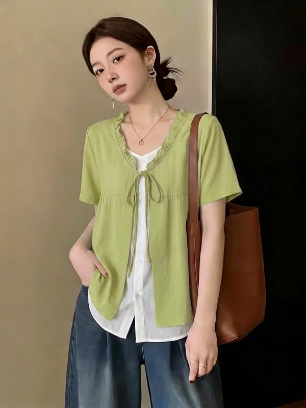 

Green V-Neck Shirt Women's plus Size Summer New Style Korean Version Loose Fit Short Sleeve Commute Wind Fashion Doll Shirt