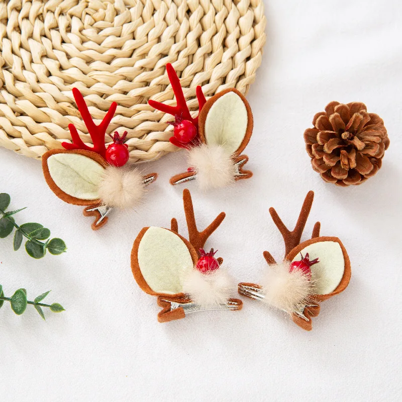 Christmas Hair Accessories Red Plush Antlers with Bells Cute Deer Ears Hairpin Headdress for Women Resin Ornaments Hair Pin Gift