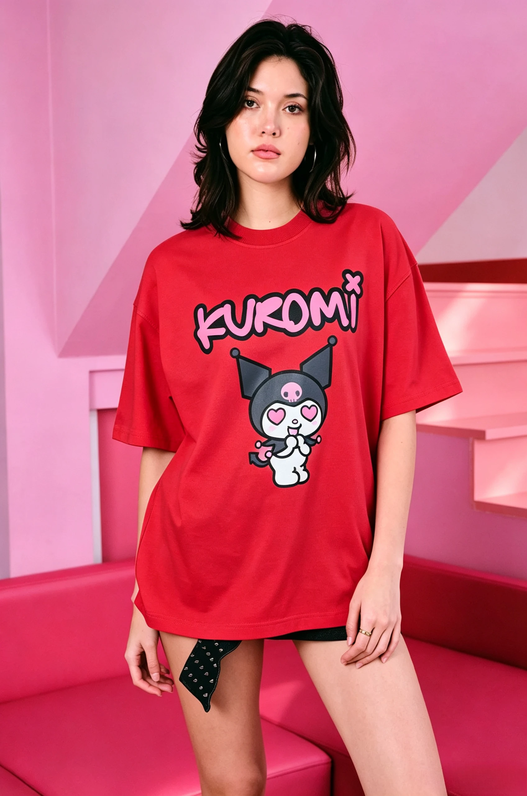 Women Oversized Kuromi T‑Shirt Sanrio Heart Eyes Cartoon Graffiti Letter Front Graphic Print Short Sleeve Y2K Kawaii Streetwear