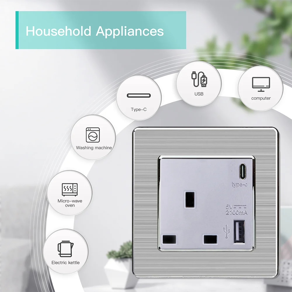 EIOMR UK Standard Power Socket 13A Dual USB Type-c Ports Single Double Wall Outlet Stainless Steel Panel Silver Malta Singapore