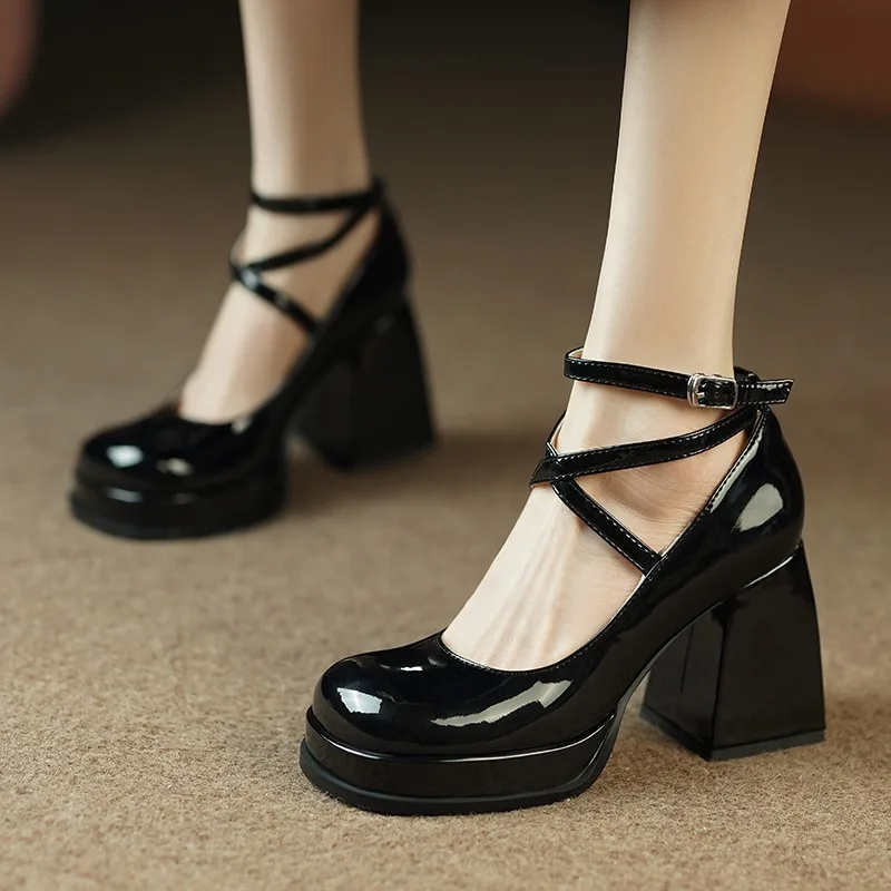 

2026 New Janes Shoes for Womens Pumps French Square Toe Buckle Strap Bowknot Chunky High Heels Spring Autumn