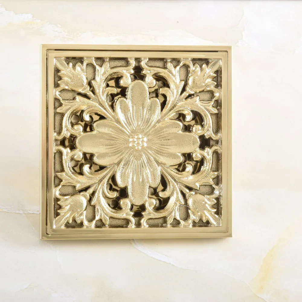 Luxury Gold Color Brass Carved Flower Pattern Bathroom Shower Drain 4