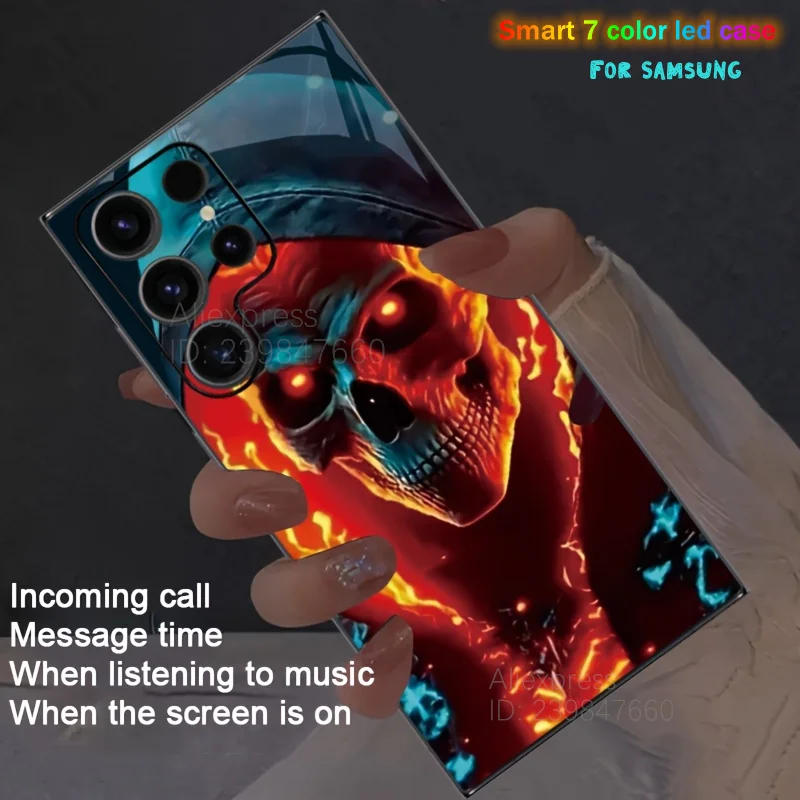 

Spooky Ghost Flame Skull Patterns LED Phone Case For Samsung S24 S25 Ultra S23 S20 FE S21 Plus S22 Ultra S20 FE Glow Shine Cover