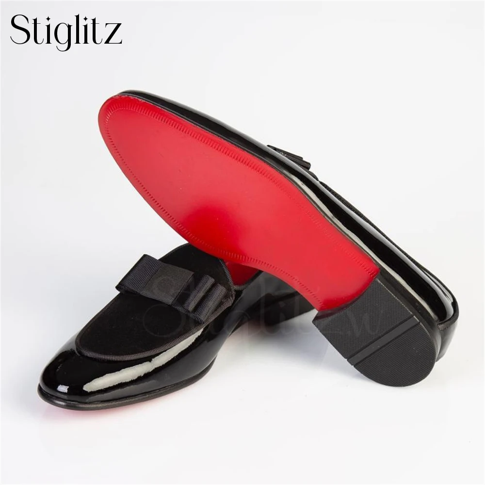 Black Satin Bow Patent Leather Loafers Elegant Banquet Dress Shoes Fashion Designer Style Comfortable Flat Leather Shoes for Men